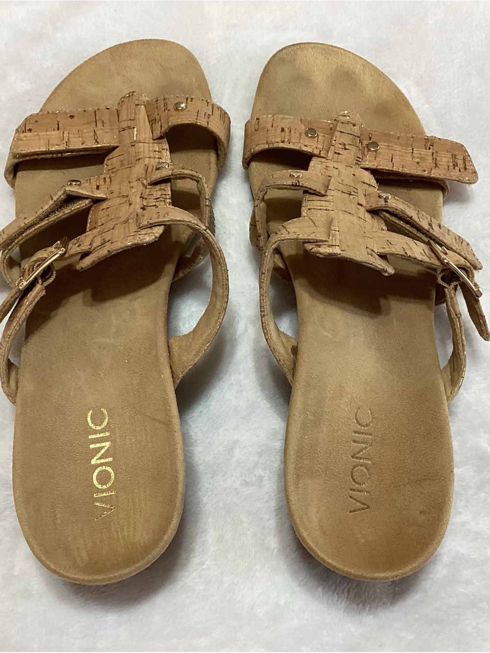 Vionic Cork-Effect Triple Strap Slide Sandals in Tan (No Size-See Description) - Picture 2 of 9